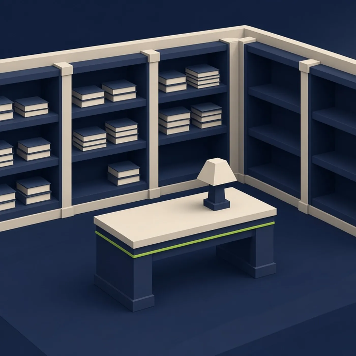 Maquette 3D d'une salle d'archives : rayonnages de dossiers et bureau avec lampe.