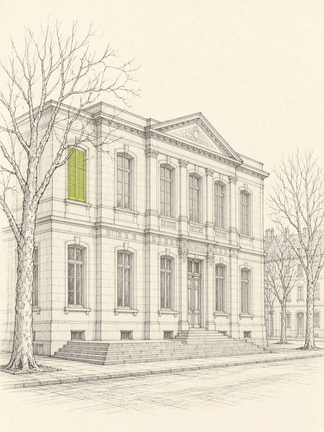 Façade de juridiction, volets marqués d'un trait citron.