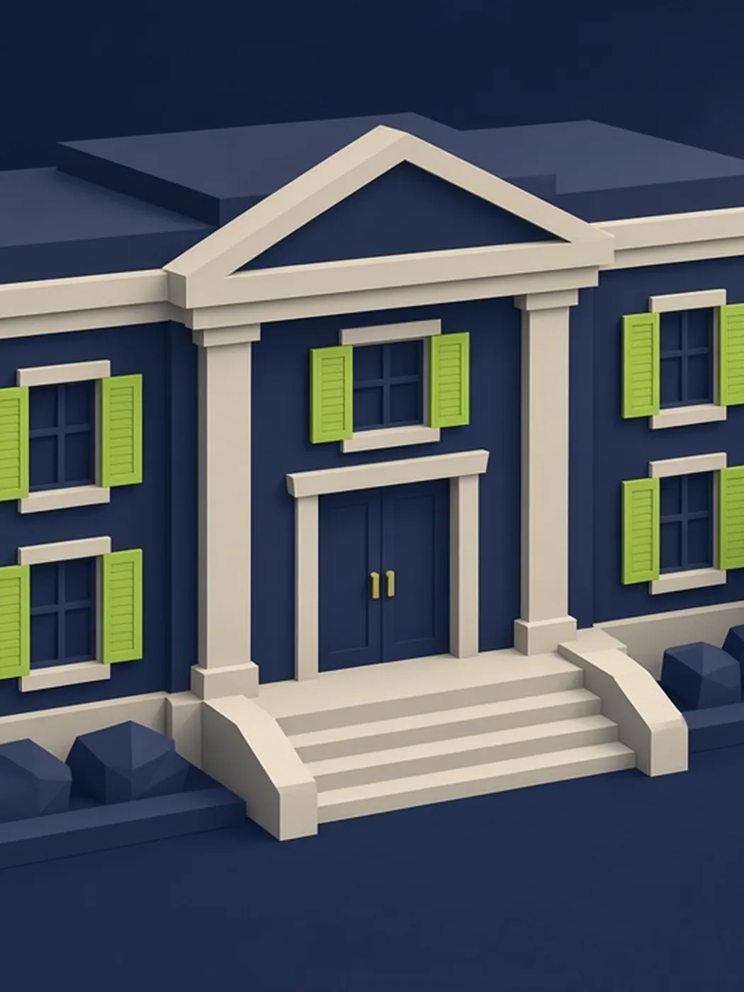 Maquette 3D d'un tribunal : façade à colonnes et fronton, volets citron, escalier d'entrée.