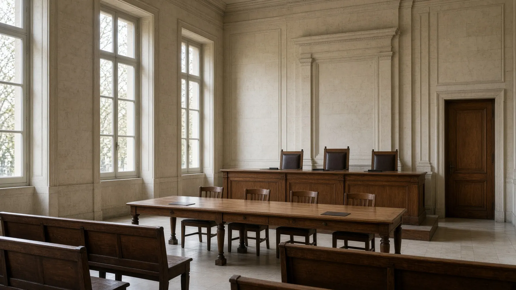 Salle d’audience vide, pierre claire et table de chêne.