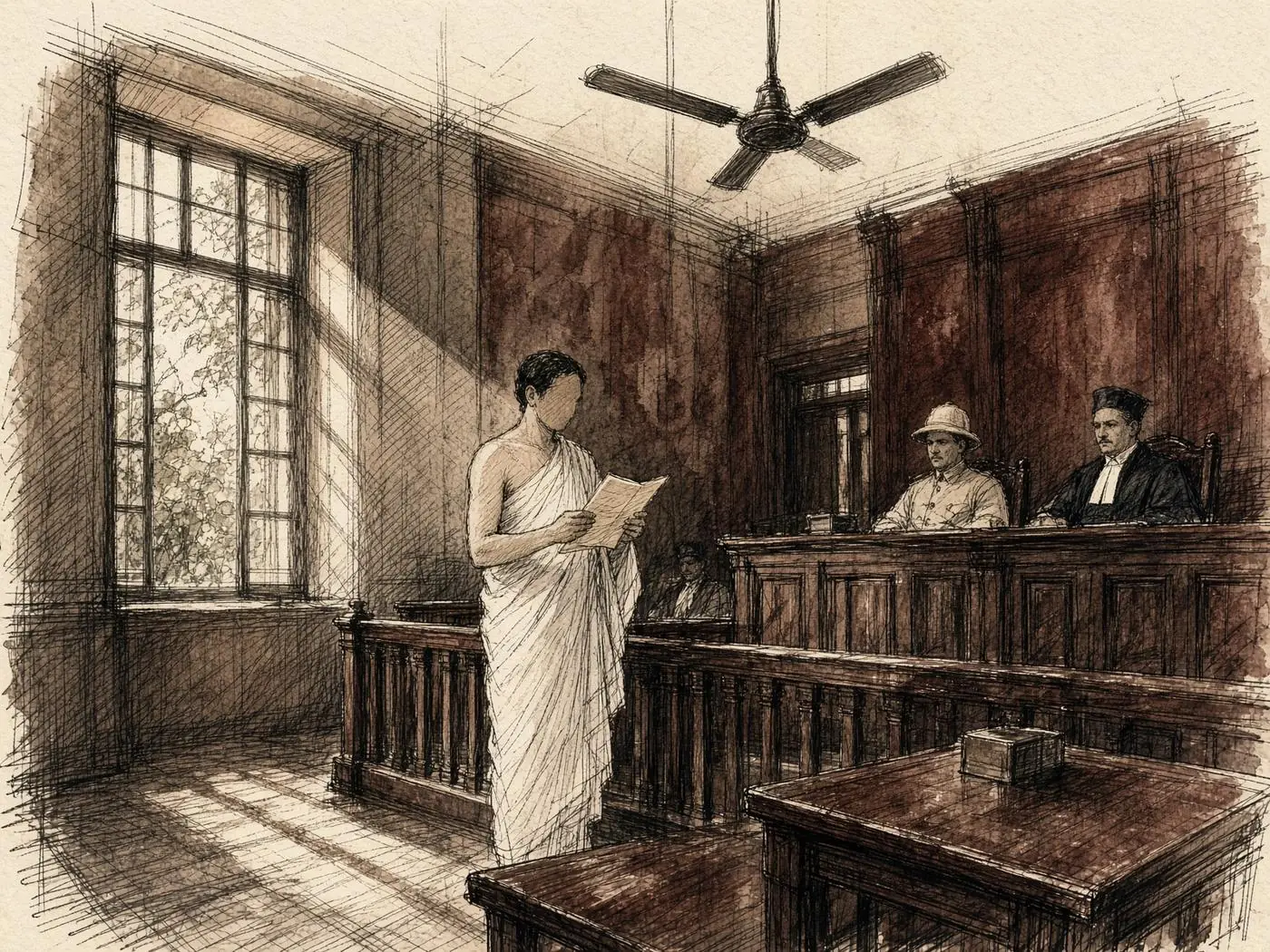 Esquisse d'une salle coloniale en Inde : un homme en vêtement clair lit une déclaration, un ventilateur au plafond.
