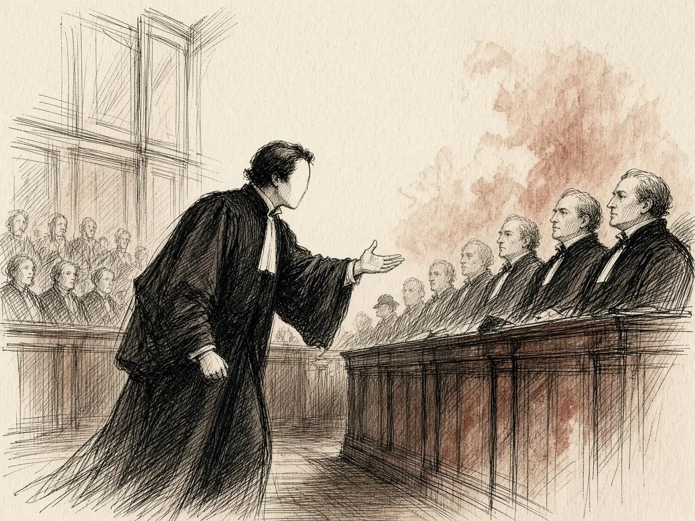 Esquisse d'une audience solennelle : un avocat en robe noire se tourne vers un jury, la salle est hachurée d'ombre.