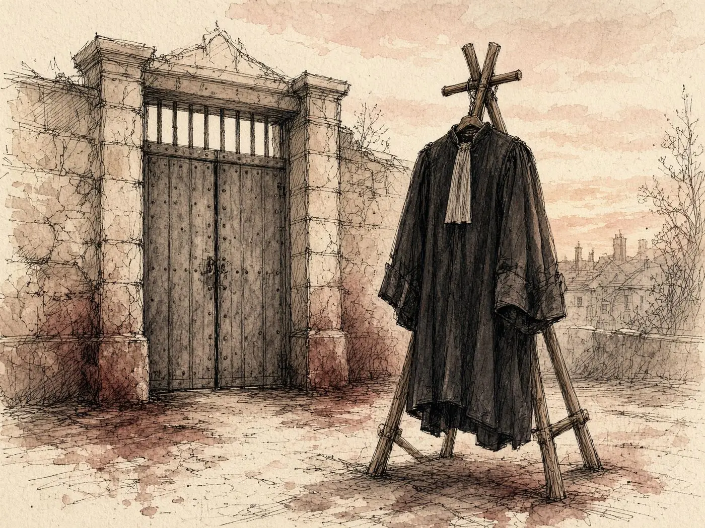 Esquisse d'une robe noire posée devant une grille close, à l'aube, sans aucun spectacle de violence.