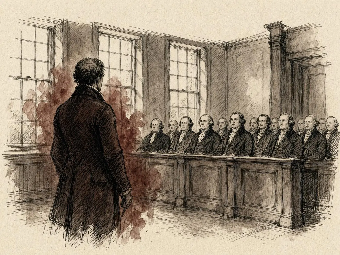 Esquisse d'une salle coloniale de la Nouvelle-Angleterre, un avocat anonyme devant un banc de jurés.