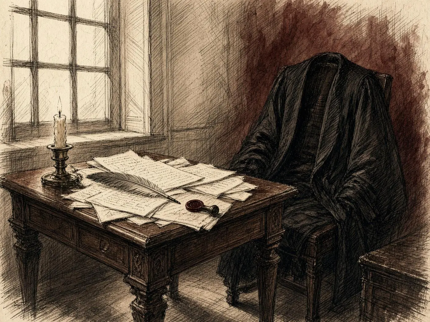 Esquisse d'un cabinet du XVIIIe siècle : table couverte de mémoires, plume, cire à cacheter et robe posée sur une chaise.