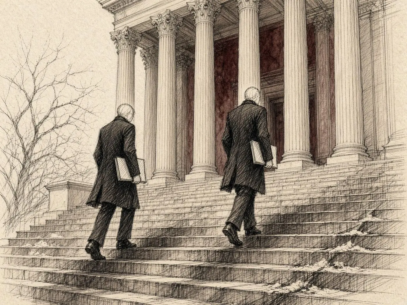 Esquisse d'un palais de justice américain, colonnes et marches, sans drapeau.