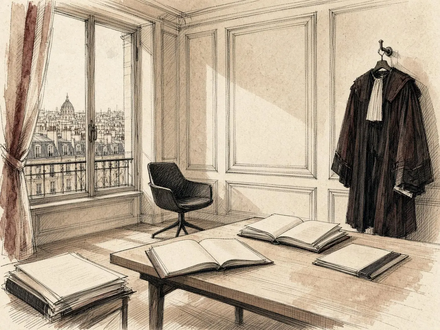 Esquisse d'un cabinet contemporain, robe accrochée près d'une fenêtre.