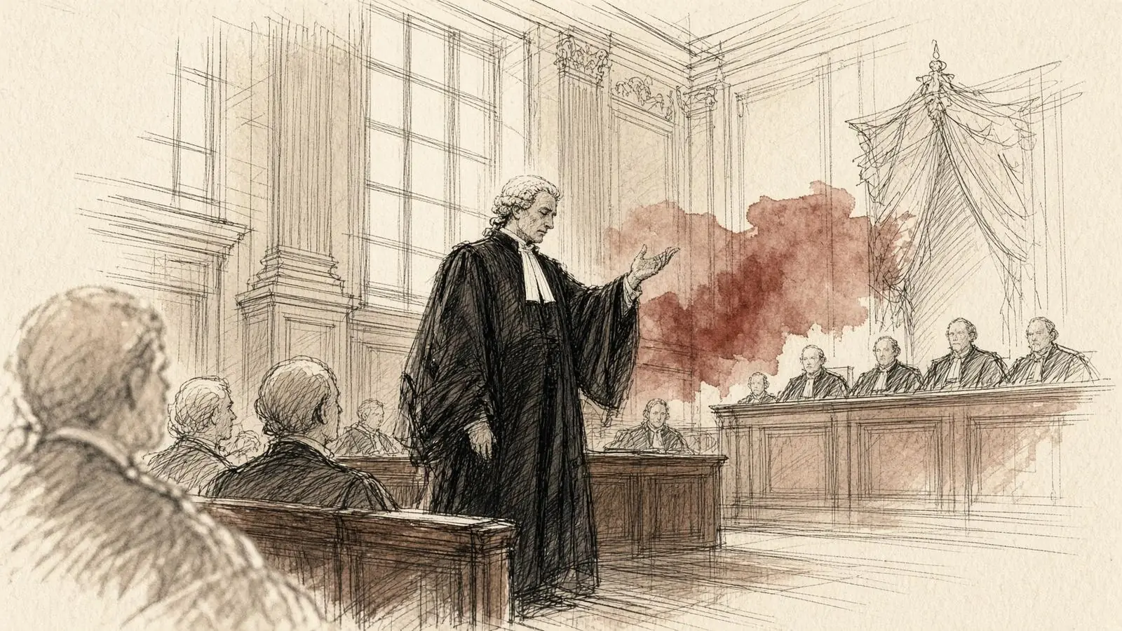Esquisse à l'encre d'une cour d'assises : un avocat en robe noire plaide, la main ouverte, face au banc.