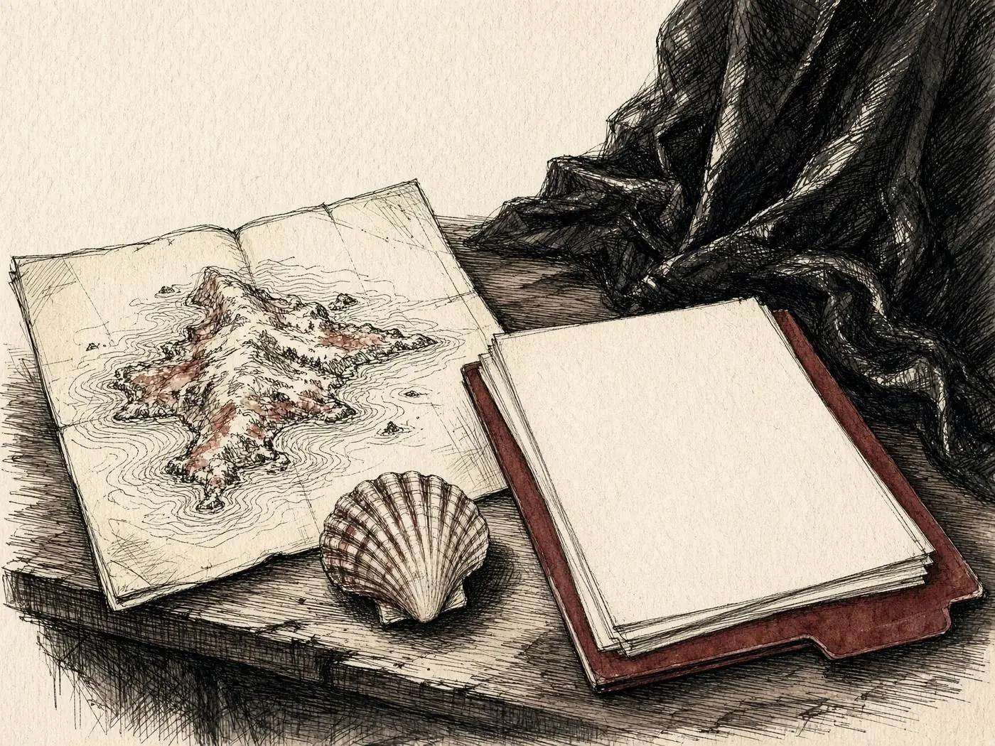 Nature morte esquissée : carte côtière d'une île, coquillage, dossier et robe noire.