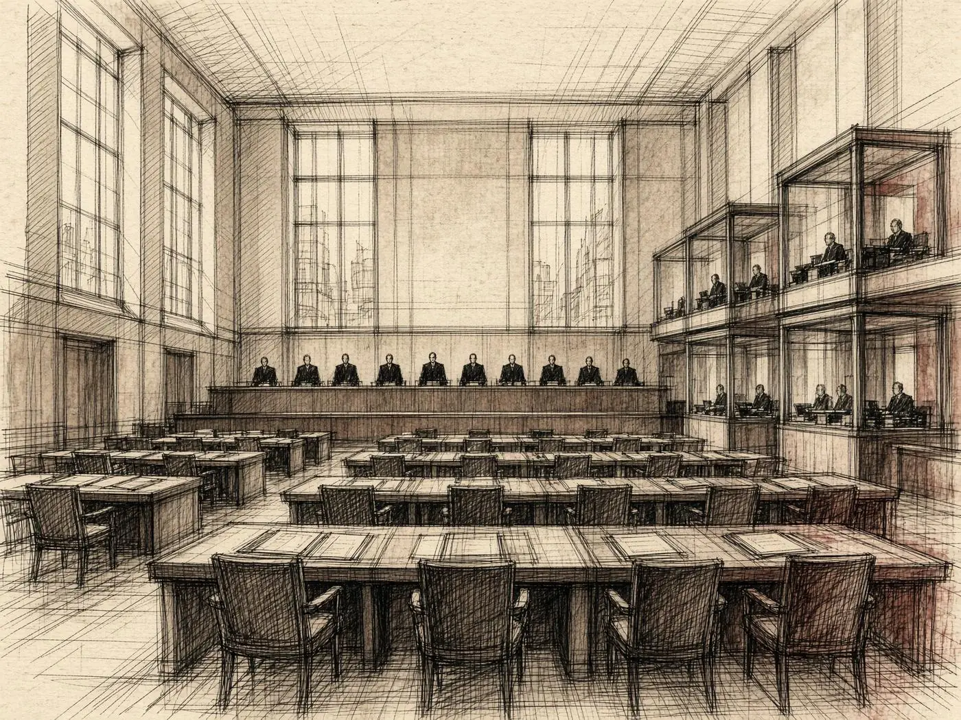 Esquisse d'une grande salle de tribunal international, banc de juges et cabines d'interprètes, sans drapeau ni emblème.