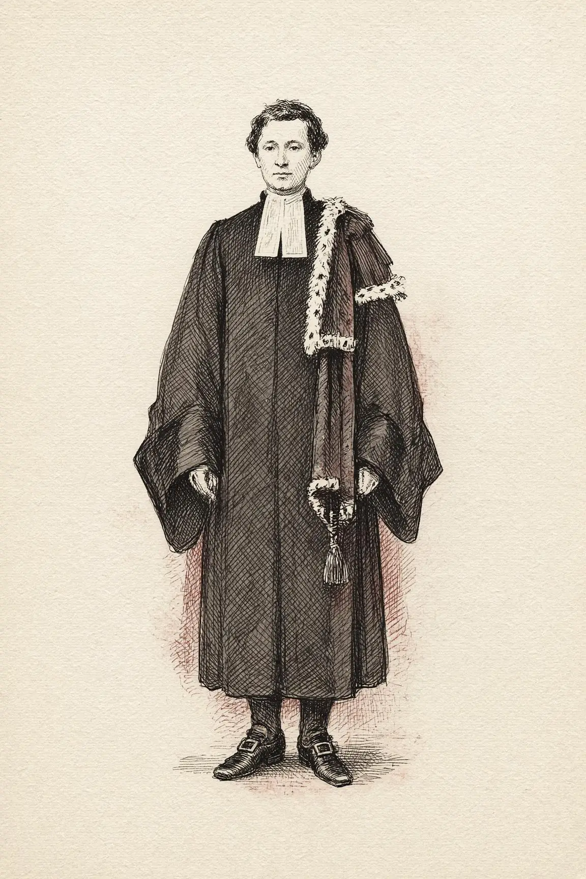 Esquisse de face d'une robe d'avocat : rabat blanc, manches larges, épitoge fourrée sur l'épaule gauche du personnage.