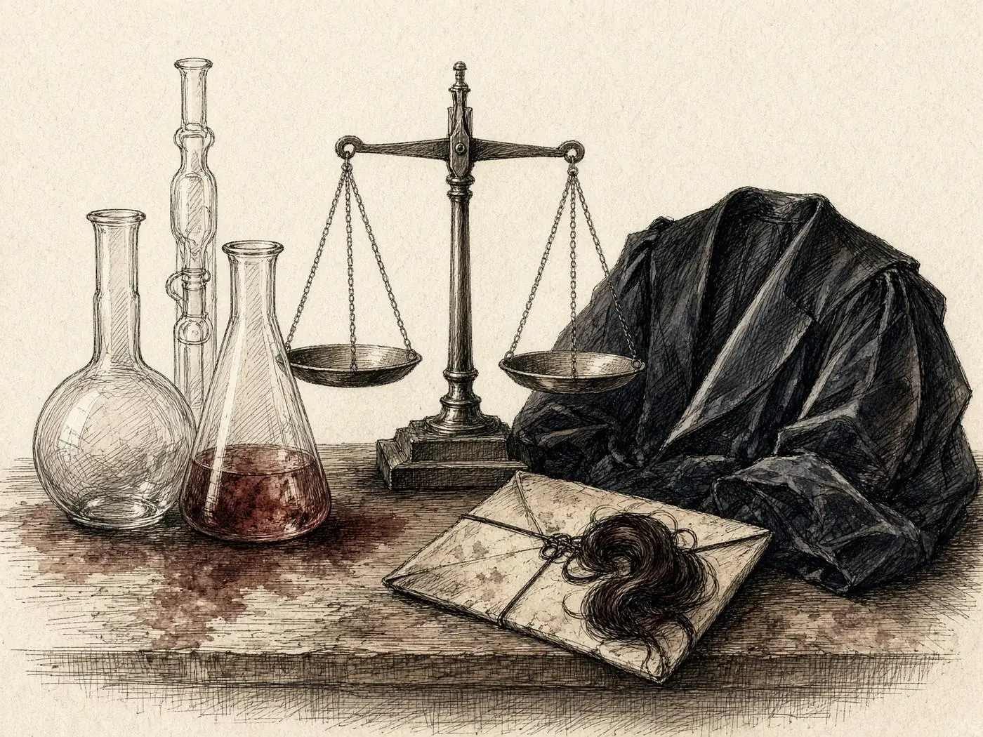 Nature morte esquissée : fioles de laboratoire, balance, enveloppe et robe d'avocat pliée sur une table.