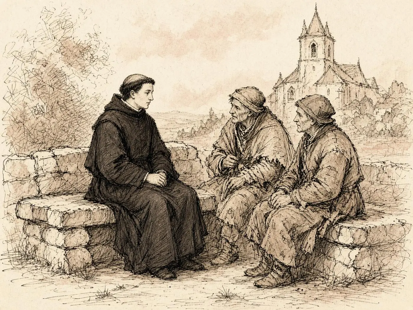 Esquisse d'un jeune clerc médiéval assis sur un banc de pierre, écoutant deux paysans devant une église.