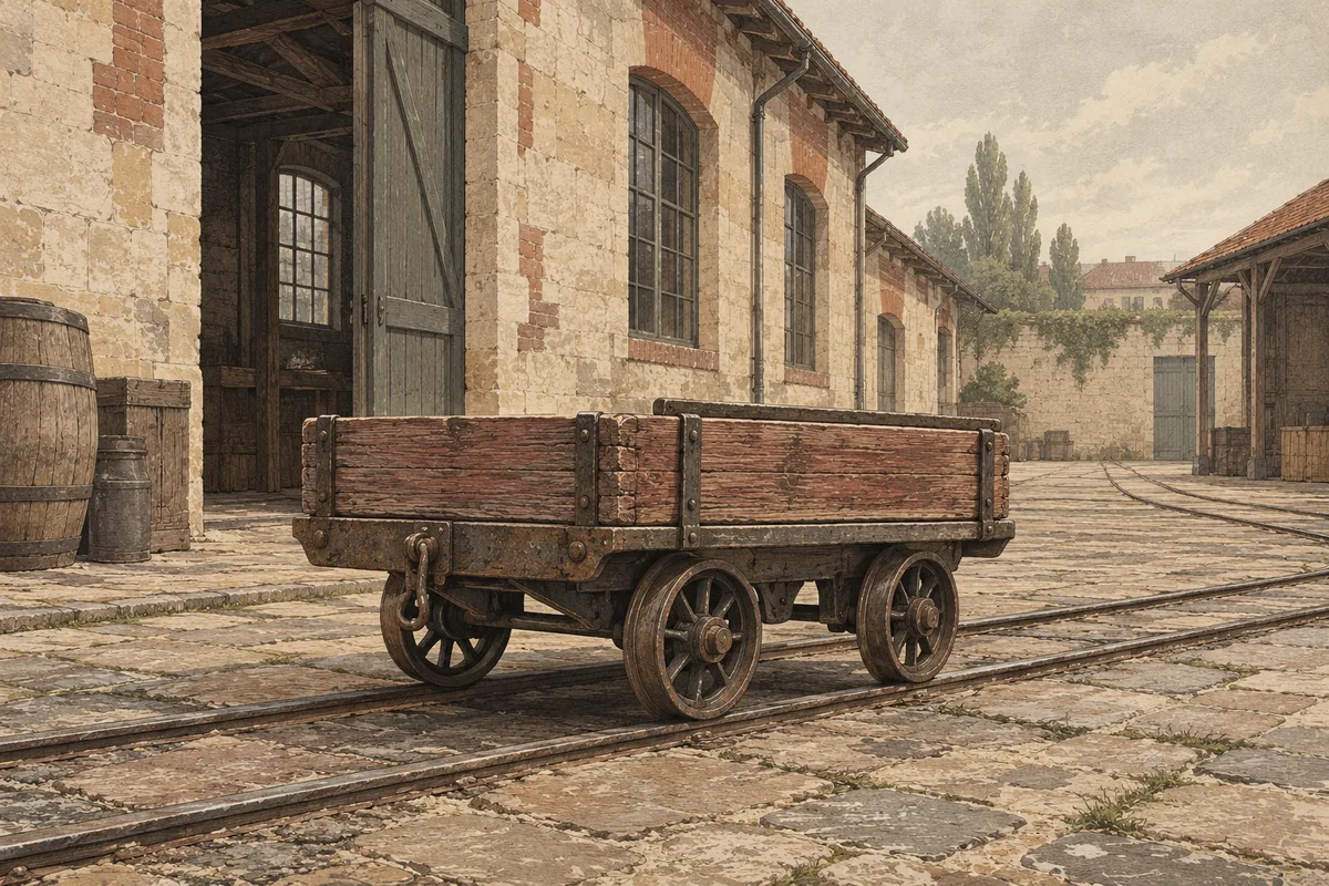 Illustration d’un wagonnet en bois dans une cour de manufacture du XIXe siècle.