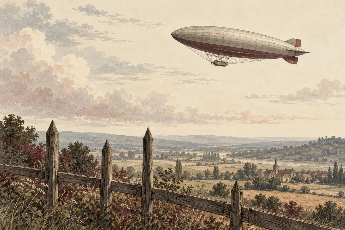 Illustration d’un dirigeable dans le ciel au-dessus d’une clôture de bois pointue.