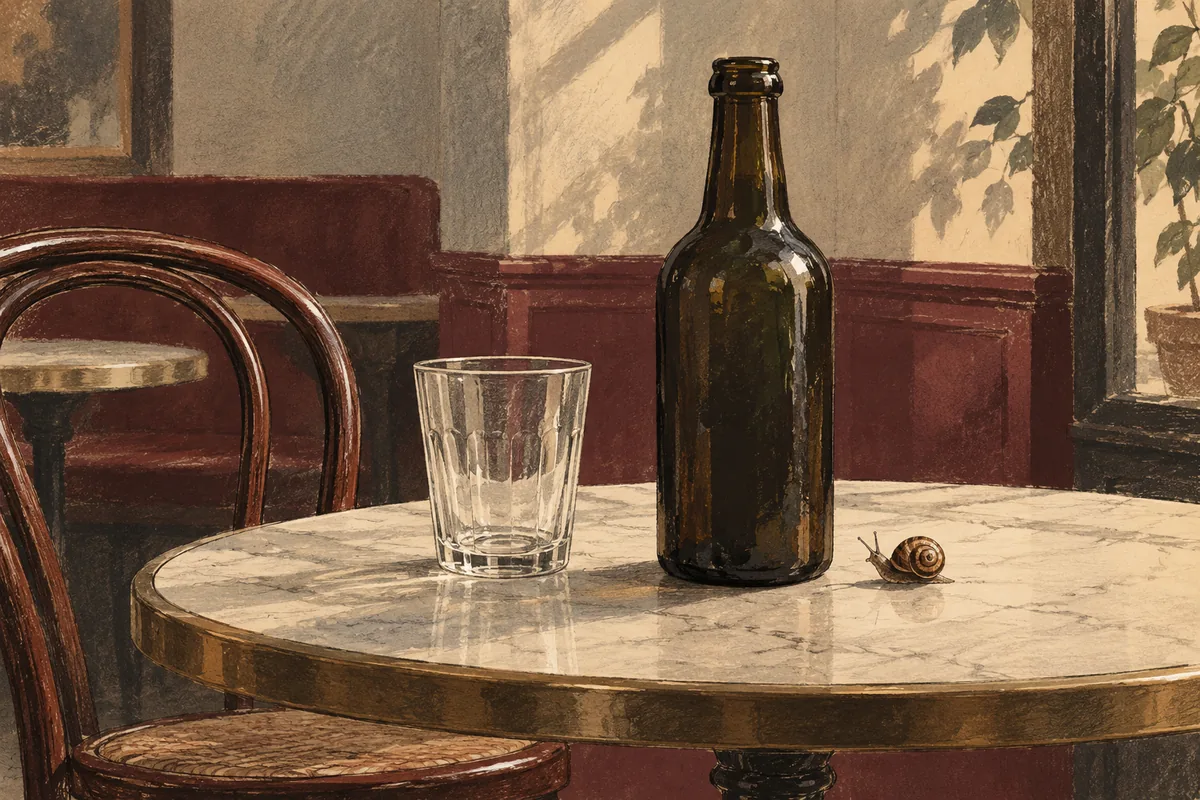 Illustration d’une bouteille opaque, d’un verre et d’un escargot sur une table de café.