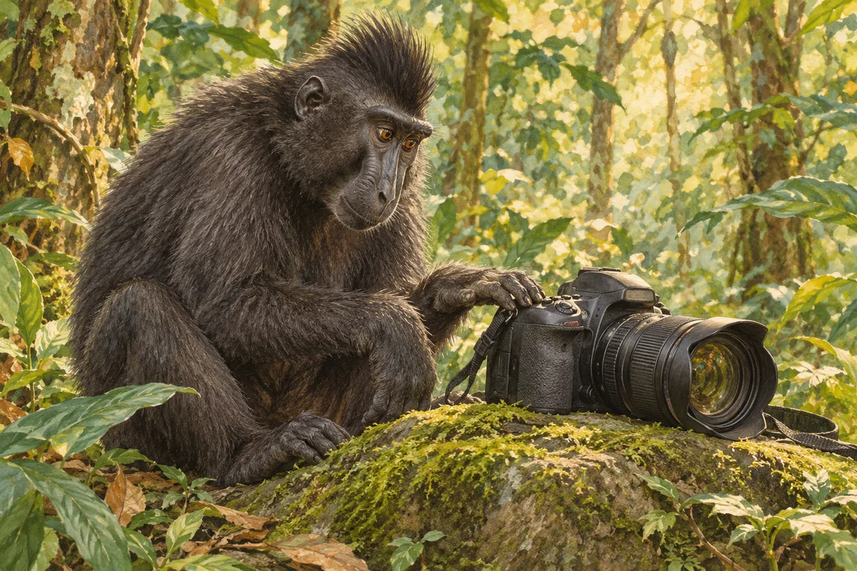 Un macaque à crête observe un appareil photographique posé sur une pierre dans la forêt.