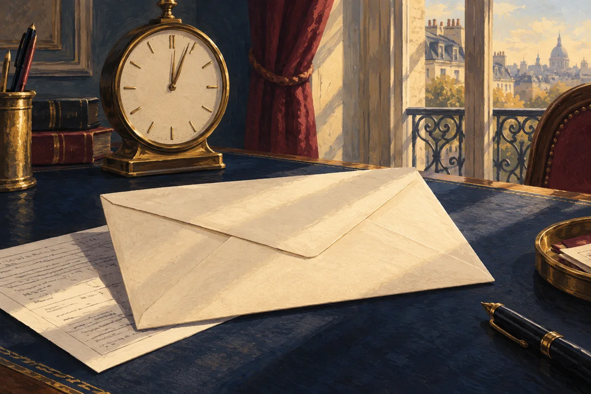 Une enveloppe fermée sur un bureau bleu, devant une horloge indiquant midi passé.