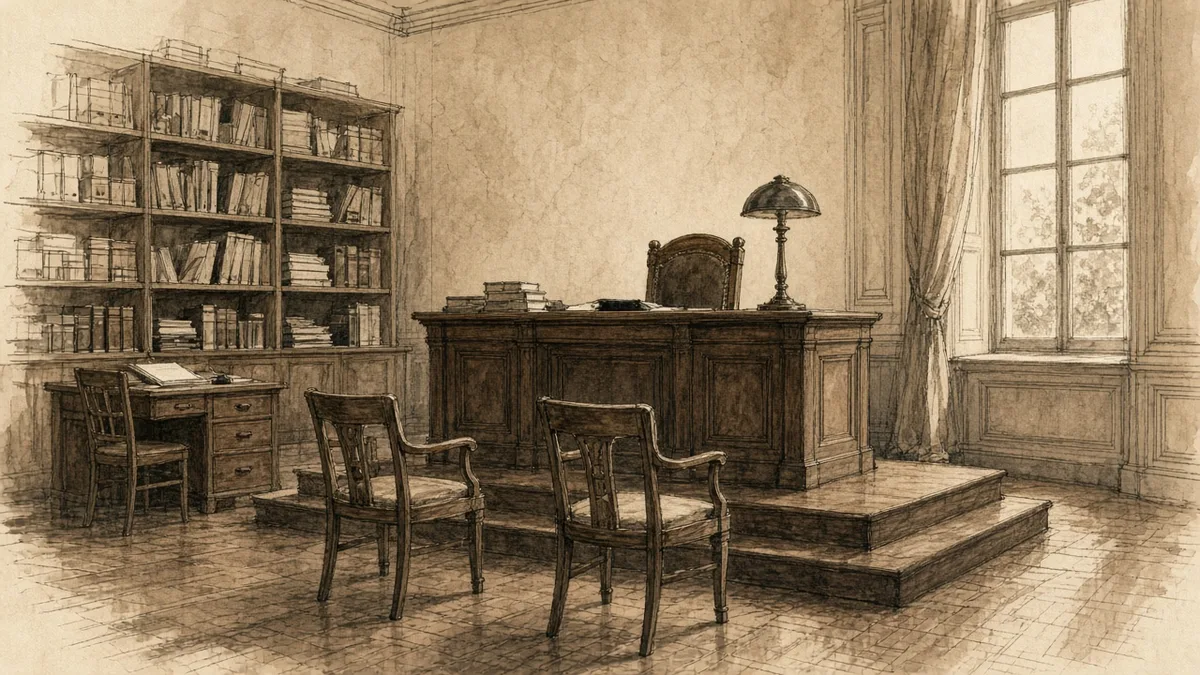 Esquisse sépia d’un cabinet de juge vide : bureau sur estrade, lampe et bibliothèque.