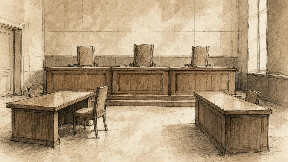 Esquisse sépia d’une salle d’audience vide : bureau des juges sur l’estrade et tables des parties.