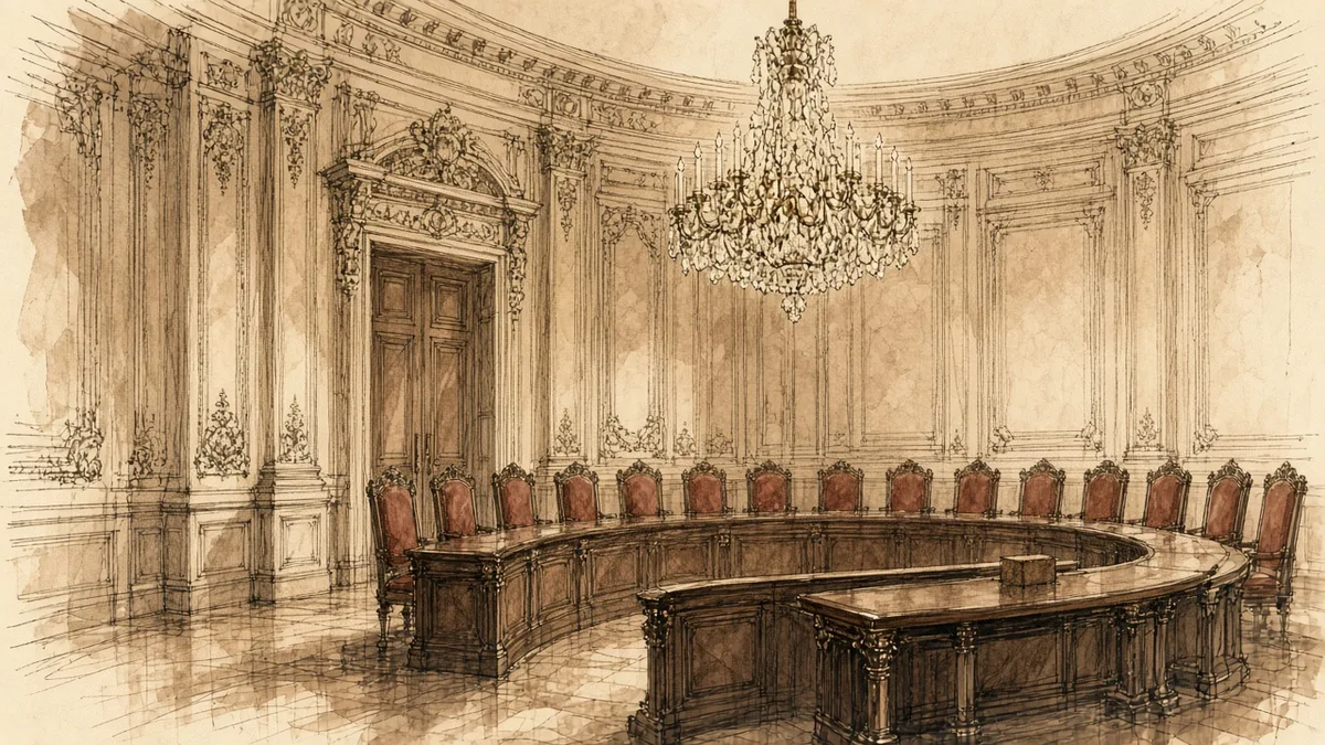 Esquisse sépia d’une salle de délibéré vide : table en fer à cheval, fauteuils et lustre.