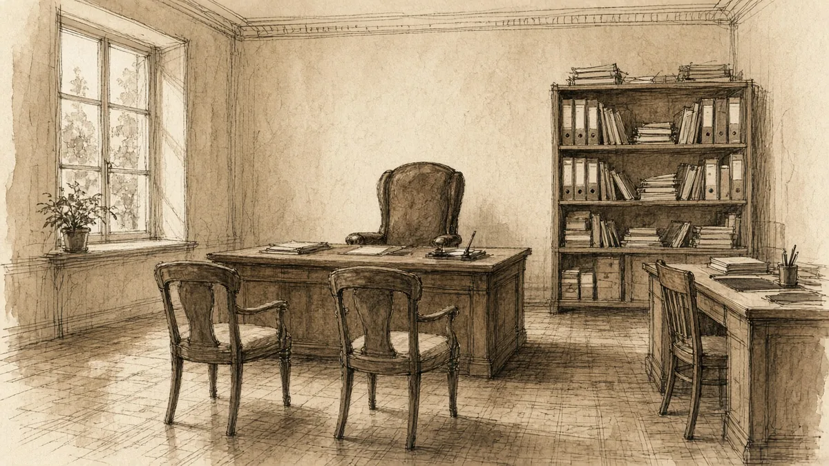 Esquisse sépia d’un bureau vide : table de travail, chaises et bibliothèque.