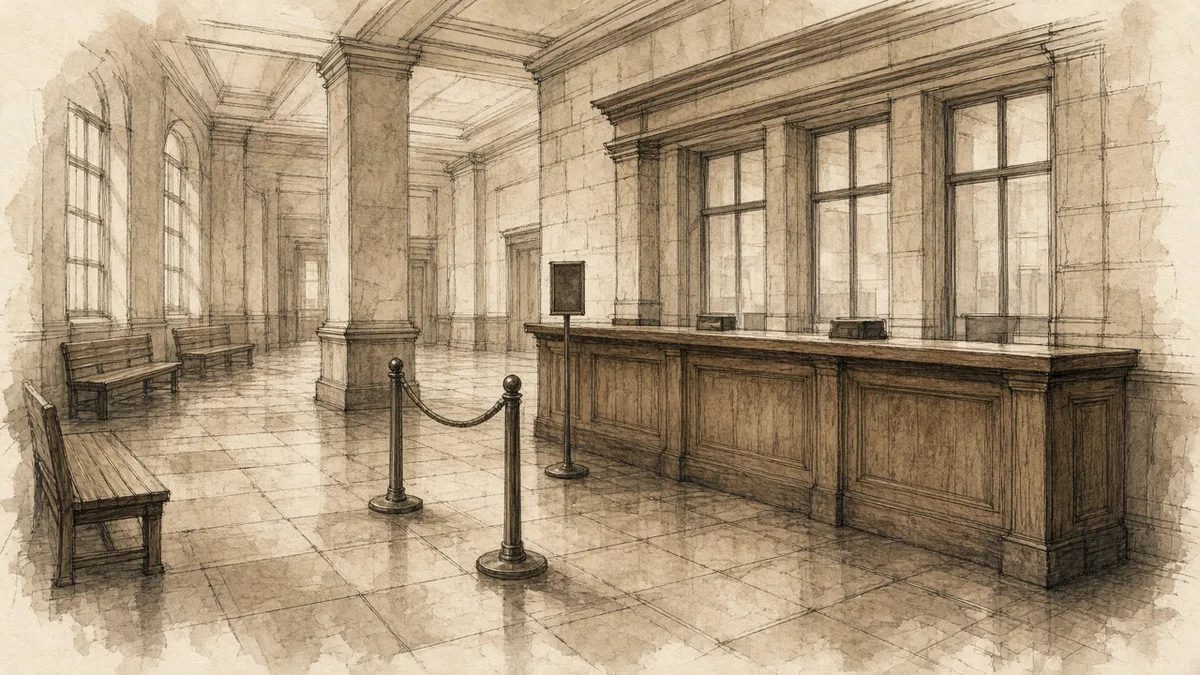 Esquisse sépia d’un hall de greffe vide : comptoir d’accueil, cordons et bancs.