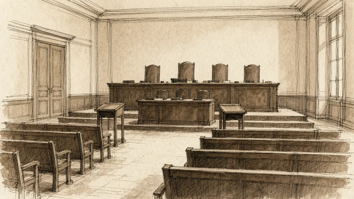 Esquisse sépia d’une salle d’audience vide : estrade des juges et rangées de bancs.
