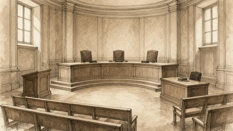 Une salle d’audience de tribunal administratif, vide : estrade en arc et fauteuils, pupitre du rapporteur public, bancs du public.