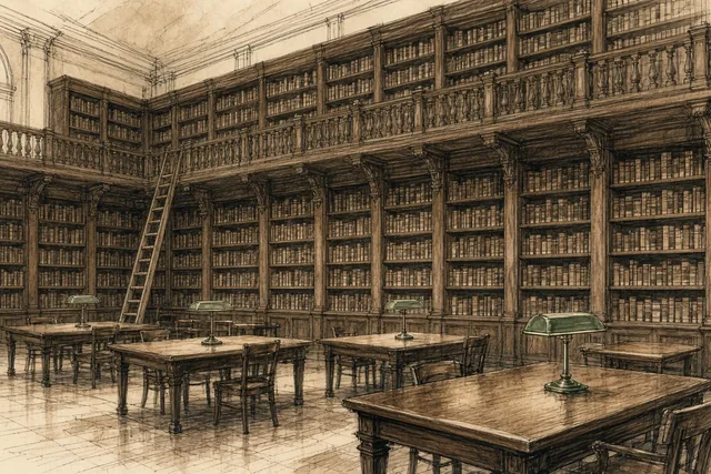 Une bibliothèque de palais de justice, vide : rayonnages sur deux niveaux, échelle, tables de lecture et lampes.