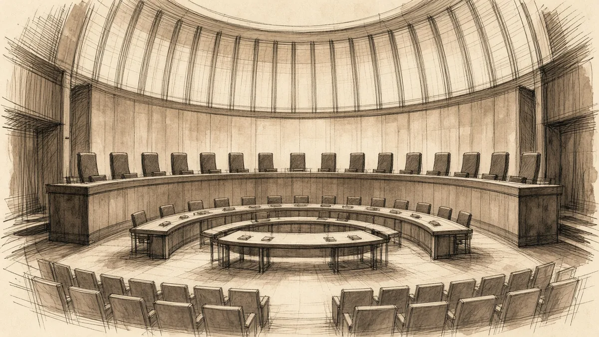 The Grand Chamber courtroom, empty: a semicircle of judges’ seats beneath a vault, the parties’ tables and tiered public seating.