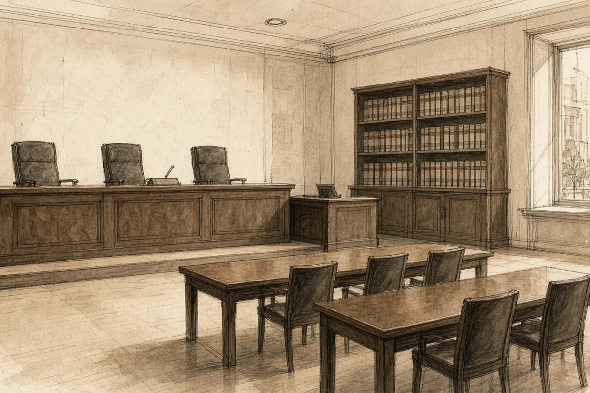 La salle d’audience vide d’une chambre commerciale : estrade et fauteuils des juges, tables des parties, bibliothèque.