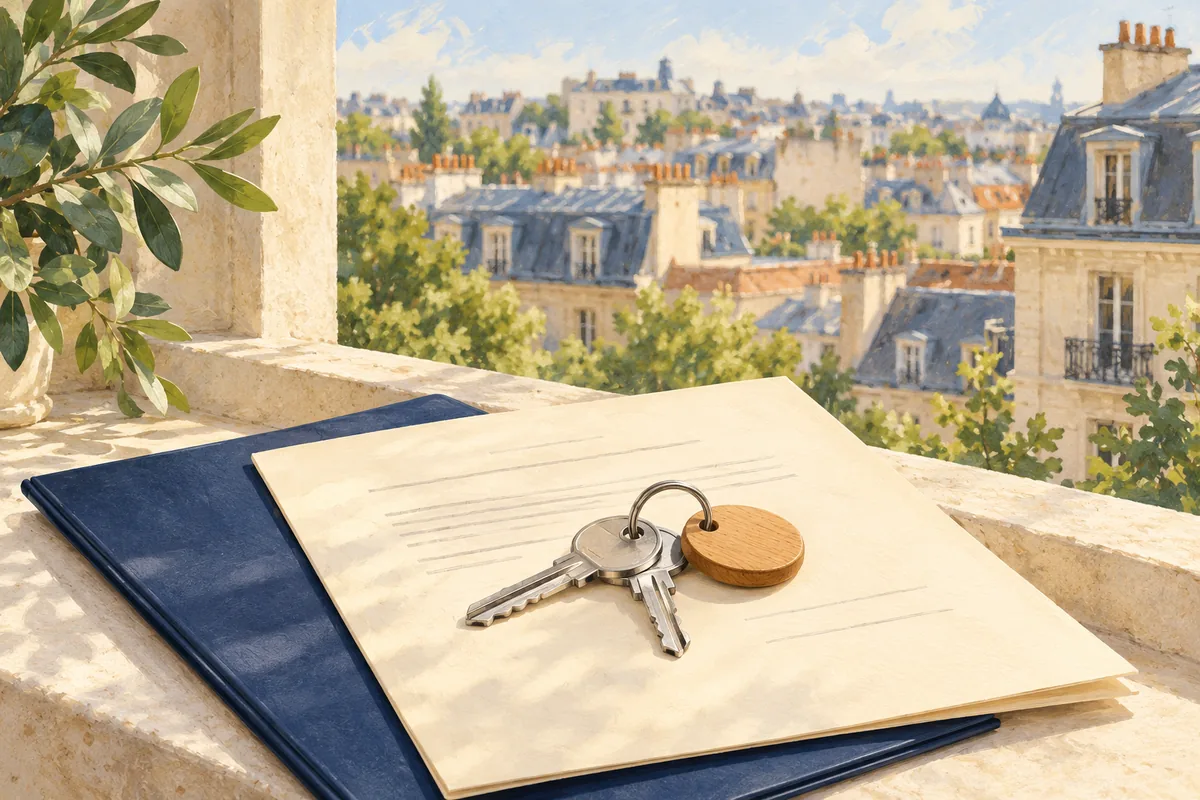 Des clés posées sur un dossier, devant les toits d’une ville.