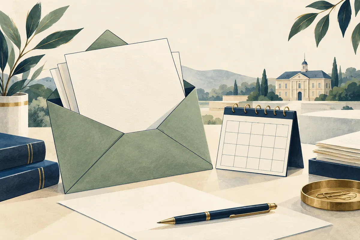 Illustration de courriers et de pièces réunis pour préparer une démarche juridique.