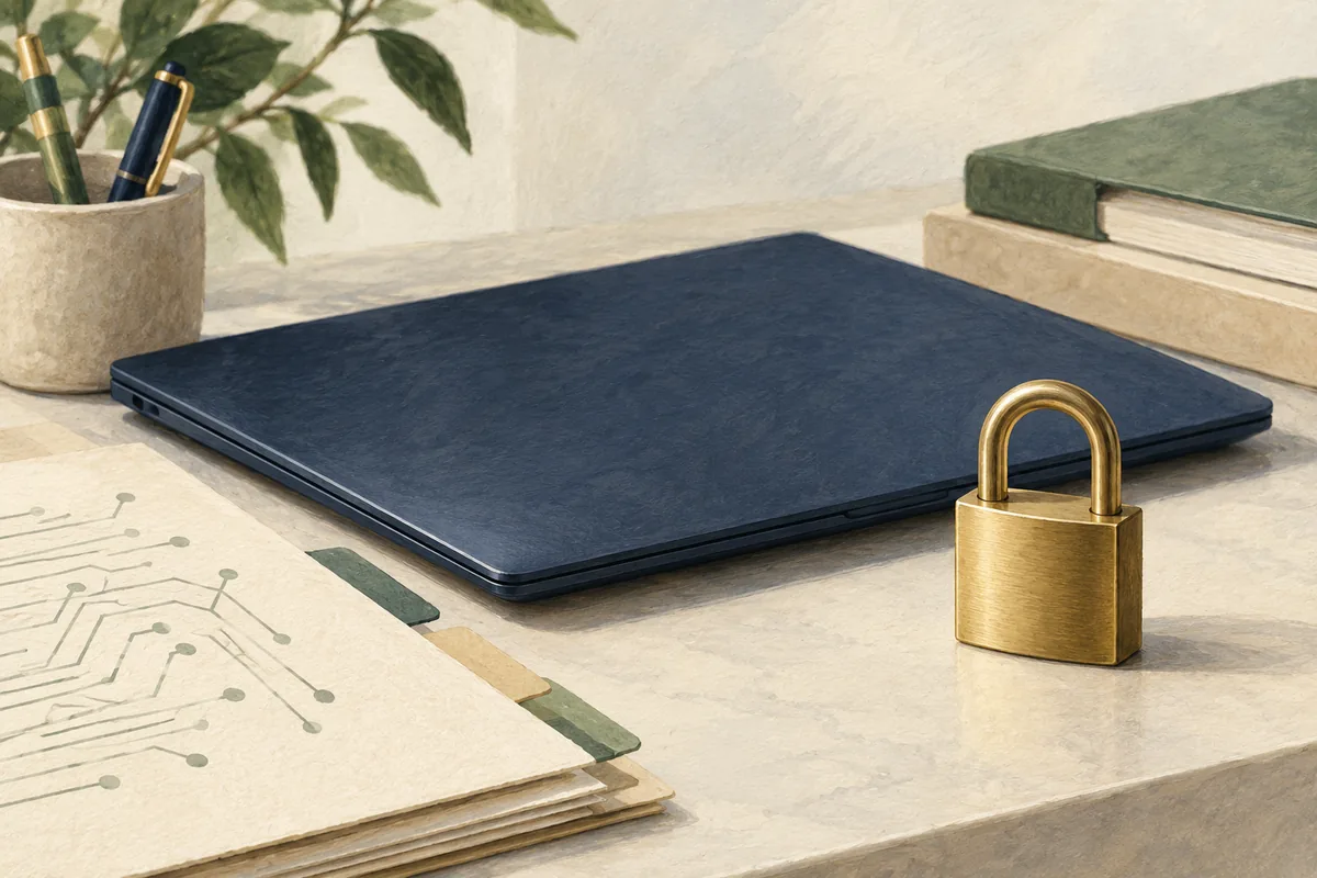 Un ordinateur portable fermé, un cadenas et des dossiers sur un bureau.