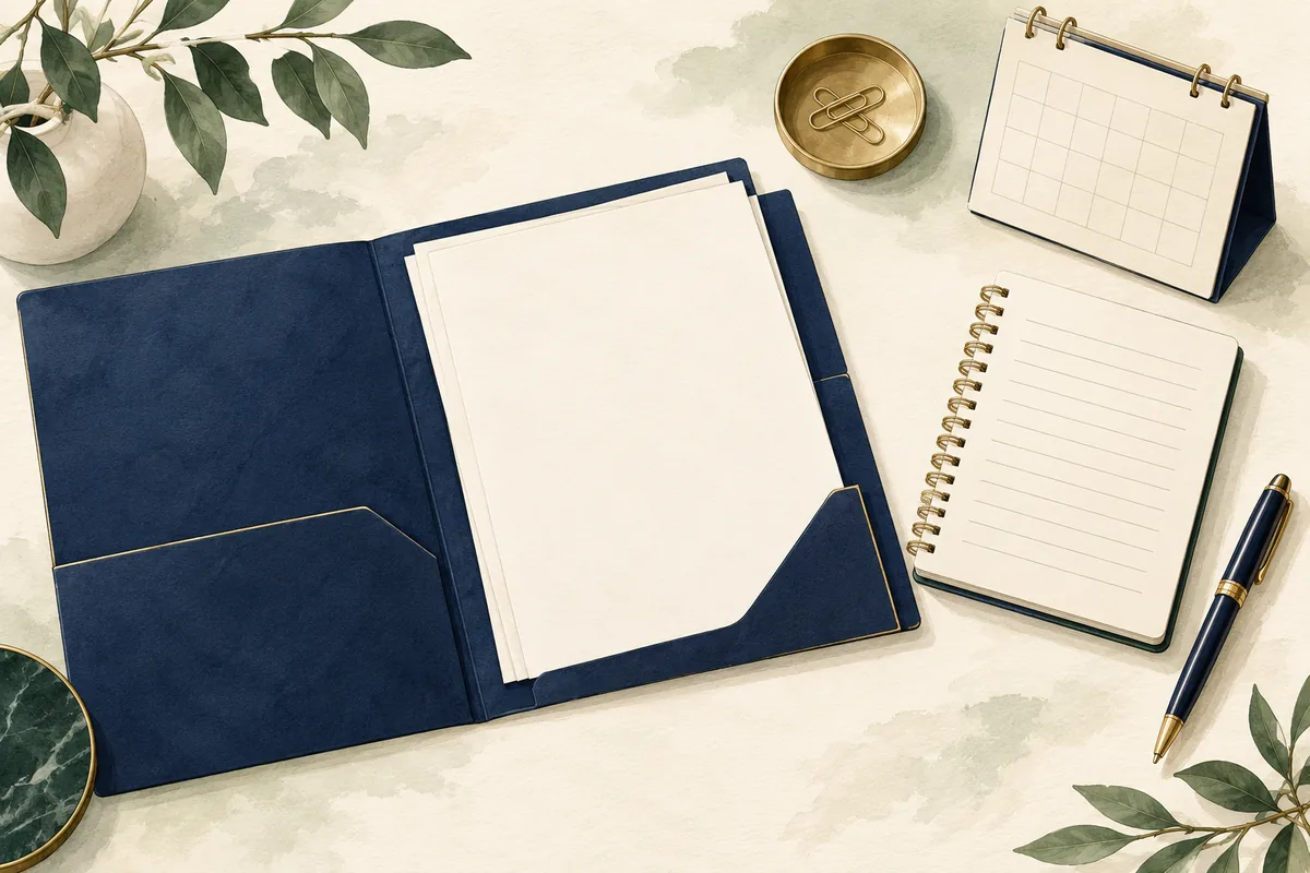 Dossier ouvert et carnet pour classer les documents et les annexes.