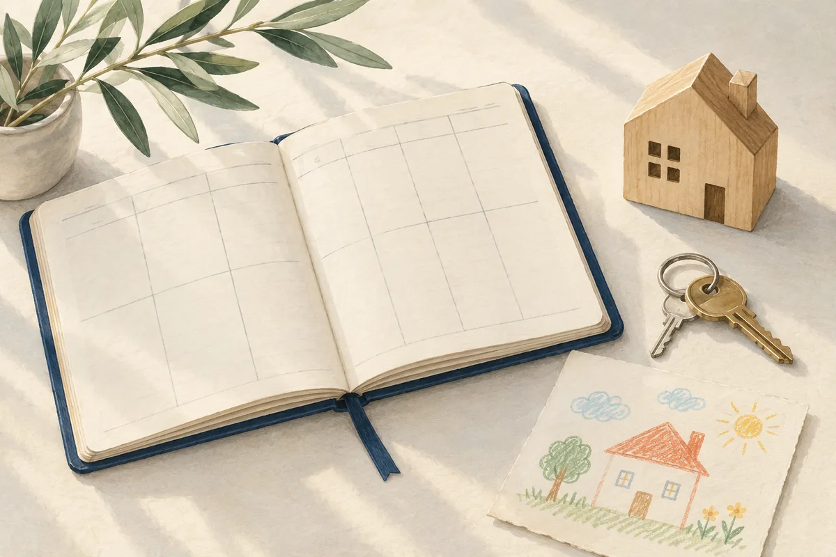 Un agenda ouvert, une maison en bois, des clés et un dessin d’enfant.