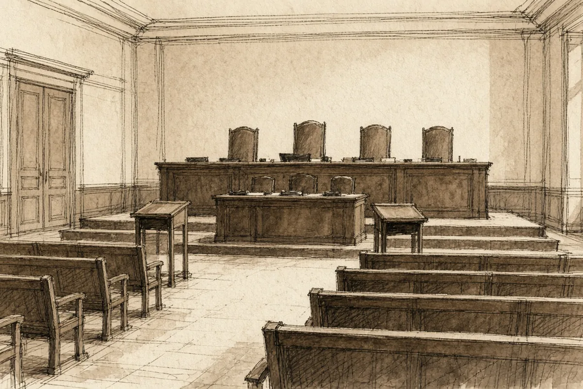 La salle d’audience vide d’un conseil de prud’hommes : estrade et sièges des conseillers, tables des parties et bancs du public.